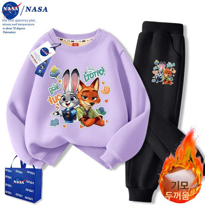 주토피아 맨투맨 티셔츠 주디 추리닝 동물 캐릭터 세트 상하복 기모 바지 겨울, 조합형 퍼플+검정 바지