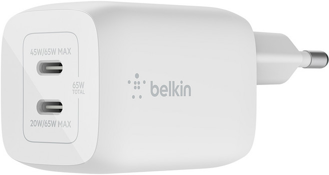 벨킨 65W 듀얼 USB-C타입 PD 3.0 PPS GaN 고속 충전기 WCH013kr, 화이트, 1개