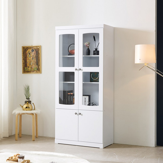 [홈스빌] 빈츠 키큰 장식장 틈새장 거실 인테리어 여닫이 유리문 모던 수납 선반 400 800 1800, 화이트