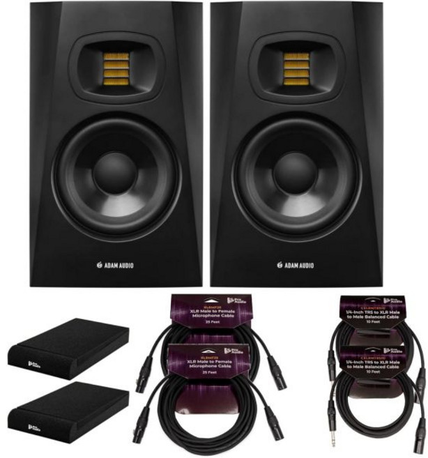 스튜디오 오디오 모니터 스피커 ADAM T5V 5인치 파워 2팩 번들 격리 패드 1/4인치 TRS에서 XLR까지 남성용 밸런스 케이블 10피트 25피트 XLR 6개 품목, 모니터링 스피커 홈레코딩 스튜디오 모니터 격리 패드가