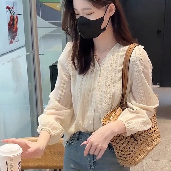 가을 레이스 이너 블라우스 I 여성 V넥 쉬폰 레이스 블라우스 가볍고 슬림핏 긴팔 셔츠 트렌디한 데일리 상의