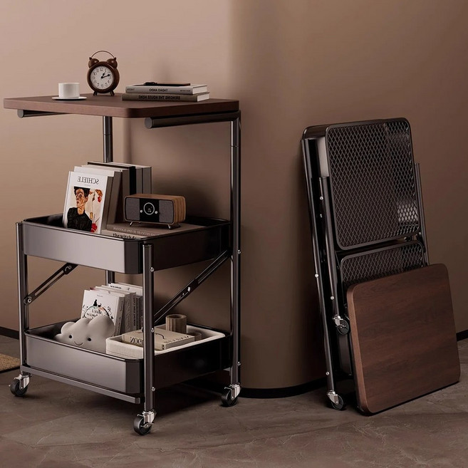 LUXRORO 3초 초간편 접이식 수납 이동식 카트 무설치 다용도 보관 카트, 3단, 3겹 블랙