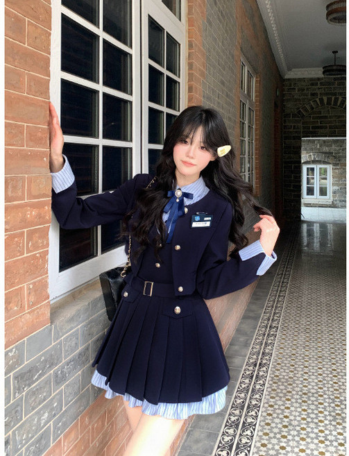 日系甜美風格JK制服：秋季韓系學院風藏青色西裝背帶連衣裙