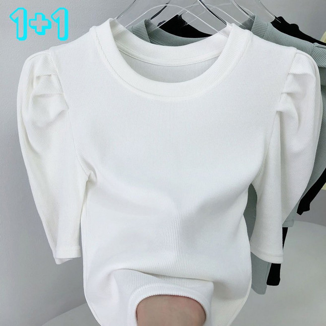 JUSTFEELING 1+1 퍼프소매 반팔티 여름용 여성 5부소매 라운드티 패션 크롭티 여자 골지 데일리 티셔츠 상의