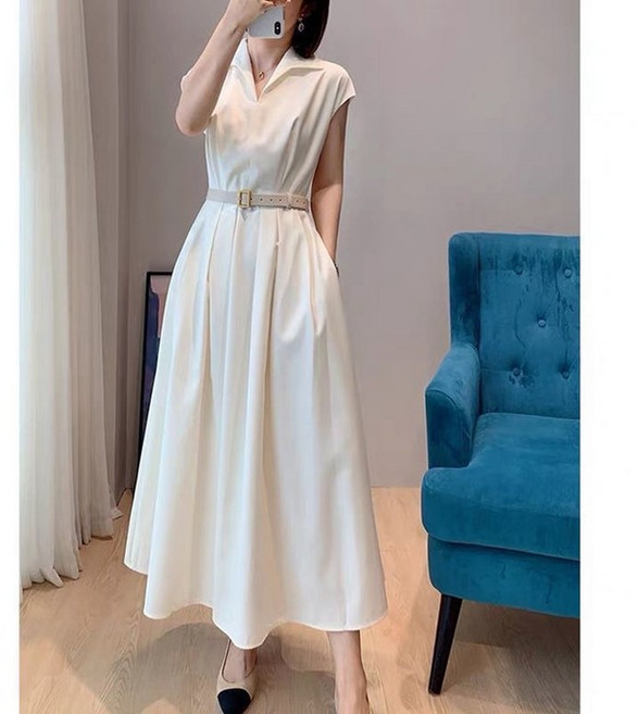 쩐쿠 여성 카라넥 고급 셔링 롱 원피스 6976