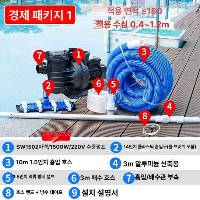 수영장 바닥 청소기 연못 이물질 잔수처리기 풀장 펜션 빠는 나뭇잎 흡입기 목욕탕, 경제형 1 2 180㎡, 기본 모델명/품번