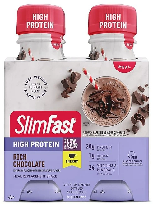 슬림패스트 어드밴스드 에너지 고단백 식사 대용 쉐이크 모카 카푸치노 카페인이 함유된 즉석 단백질 20g 11파운드 오즈 병 4개(포장은 다를 수 있음), Rich Chocolate, 4 Count (Pack of 1), 325ml - 쿠팡