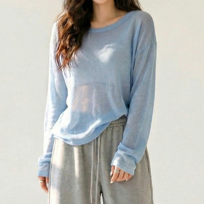 네모엔룩 여리박시시스루 여성 박시핏 시스루 레이어드 살안타템 햇빛가리개 바캉스 자외선차단 비치웨어 커버업 라운드넥 긴소매 니트, 블루