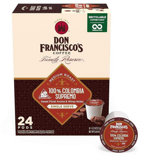 Don Franciscos 유기농 마야 블렌드 미디엄 다크 로스트 커피 포드 - 100개 재활용 가능한 1인용 K- Cup Keurig 메이커와 호환, 없음, 9) 콜롬비아 수프리모 - 24 Count Pack o, 1개