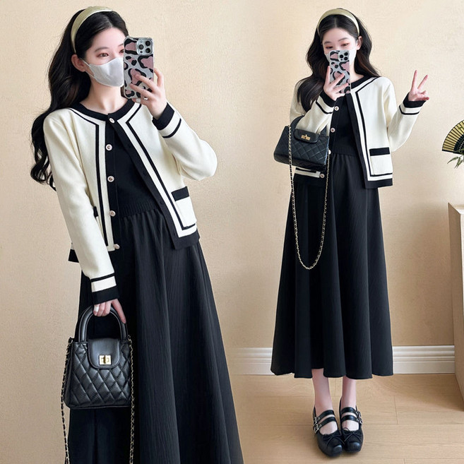 임산부 세트 봄 가을 여성 캐주얼 임부복 루즈핏 원피스 + 니트 가디건 기질 긴팔 임부 원피스 투피스 CY