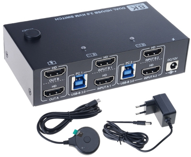 더블 모니터 8K HDTV KVM 스위처 8K@60Hz 4K@120Hz 고해상도 HDTV USB3.0 키보드 마우스 프린터와 호환되는 허브, EU, 1세트