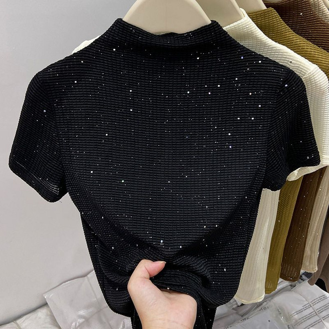 페이준 여성 봄 여름 반폴라 메쉬 펀칭 반팔티 솔리드 슬림핏 블링블링 이너티셔츠 YJ3618