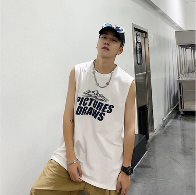 남성용 프린팅 루즈핏 민소매 유니크 티셔츠 4컬러 IS-TS34