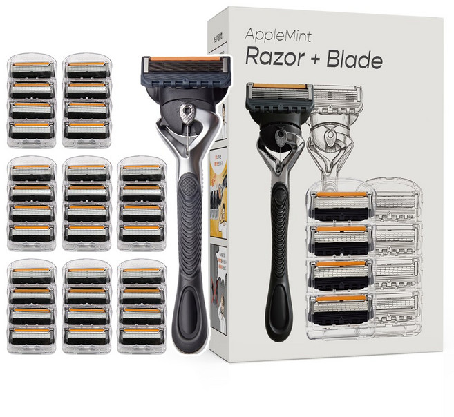 비브랜드 애플민트 면도기+5중 면도날 질레트 퓨전 프로글라이드 호환, 1세트, 면도기+면도날 32개입