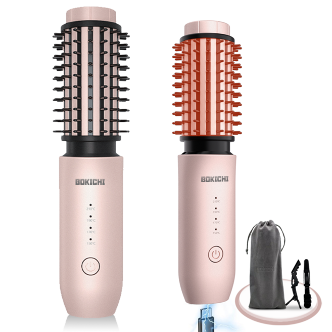 BOKICHI 모발손상 없는 휴대용 음이온 뿌리볼륨 무선 고데기 +집게핀 2개 파우치 1개 증정, 로즈핑크