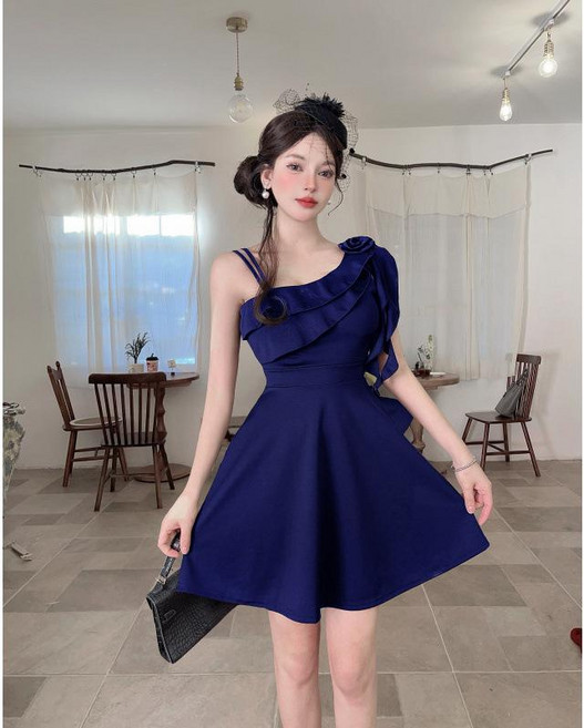 荷葉邊 大擺 a字連衣裙 氣質顯瘦短裙, 蓝色