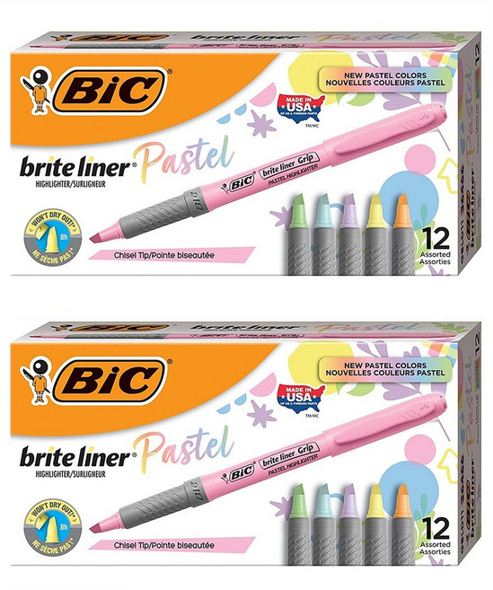 BIC 빅 브라이트 라이너 파스텔 형광펜 12개입 2팩 Brite Liner Grip Pastel Highlighters