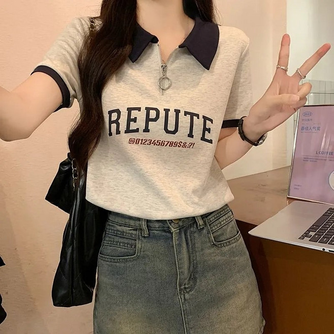 더블유앤케이 여성 여름 카라넥 패치워크 색상 티셔츠