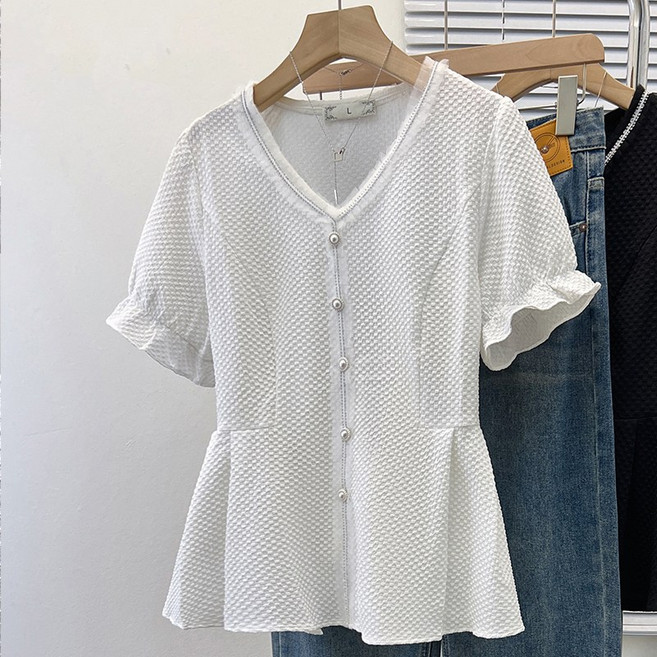 하이마이 여성 여름 빅사이즈 브이넥 반팔 블라우스 셔츠