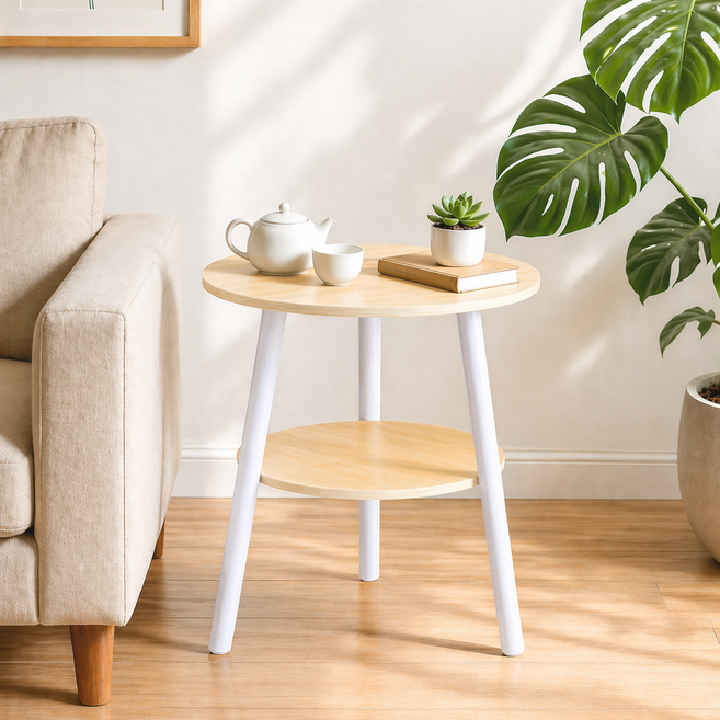 라온프리 원형 미니 침대 협탁, 2단, 우드