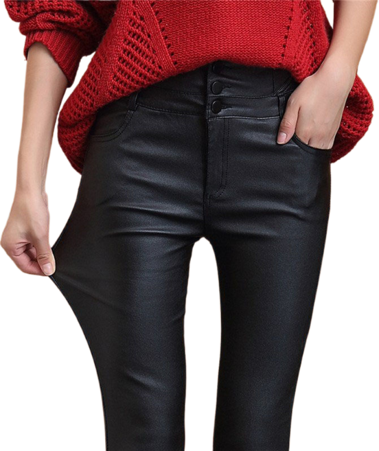 Makone 레자 가죽 무광택 스키니 바지 섹시 스판 슬림핏