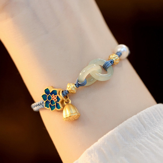 티큐 재물 금전 행운의 더블 옥 진주 연꽃 펜던트 매듭 팔찌 A2002