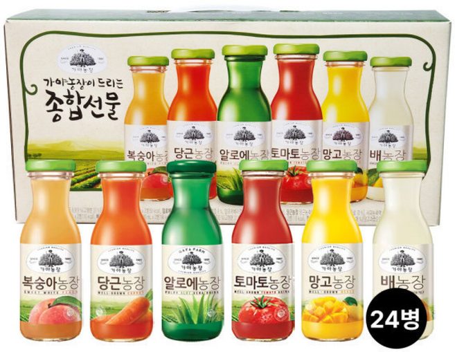 가야농장 종합 선물세트 꼬마병 토마토 알로에 당근 복숭아 망고 배 음료, 180ml
