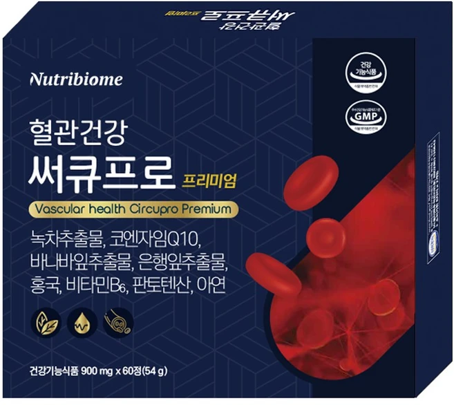 뉴트리바이옴 혈관건강 써큐프로 프리미엄 녹차추출물 체지방 항산화 코엔자임Q10 혈압 바나바 혈당 징코 혈행 홍국 콜레스테롤 혈액순환 비타민B6 판토텐산 아연, 1개, 60정 - 쿠팡