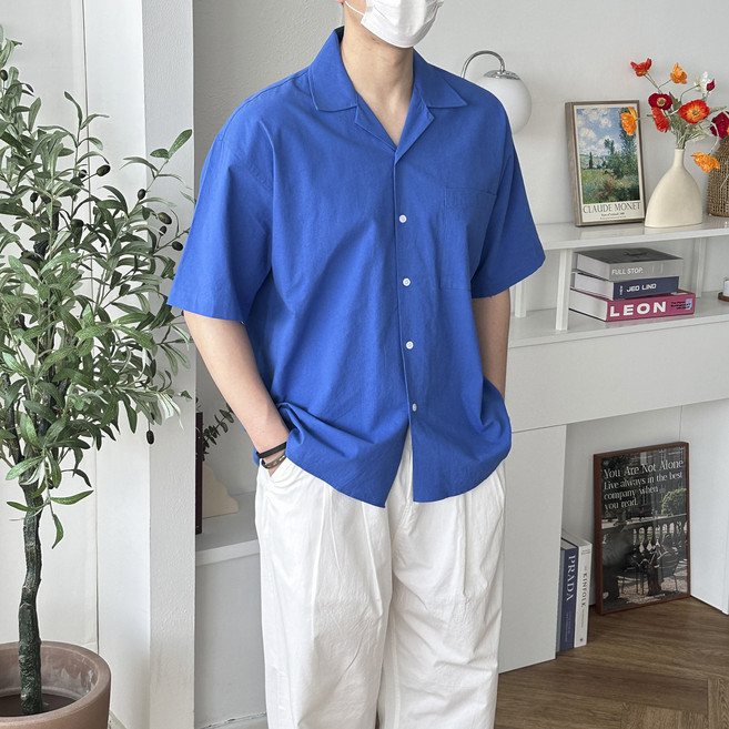 남자 여름 코튼 린넨 라이크 파자마 포켓 오픈카라 반팔 셔츠 8color