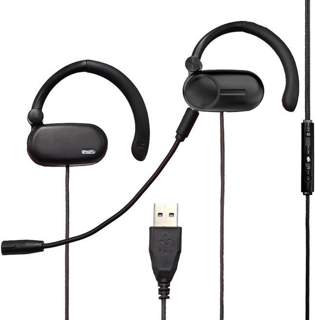 에어로 귀걸이형 마이크 탈부착 게이밍 유선 이어폰, 블랙, USB-A