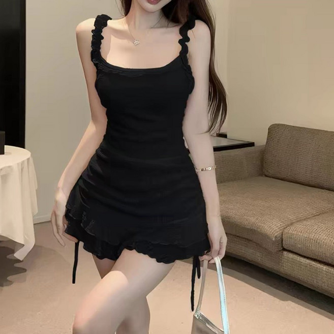 女士連體泳衣裙式荷葉邊度假, L適合95-105斤