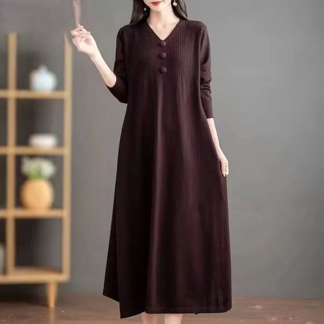 Neirny 중년 여성 빅사이즈 가을 겨울 니트 원피스 엄마 스웨터 롱 중년 루즈핏 미디 기장 레깅스 기질 하객룩