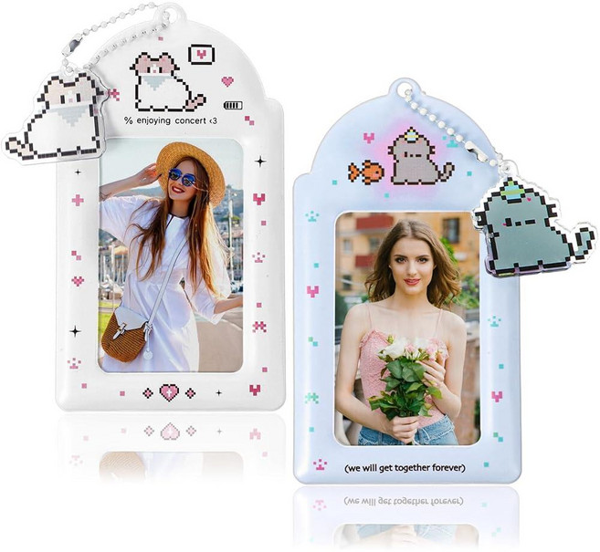 2 Sets Photo Card Holder with Cat Keychain Cute Photocard Acrylic 4.09in X 3.14in Y2k Kawaii Badge H, 기본 옵션