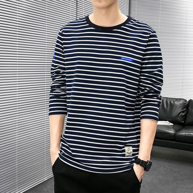 봄 가을 남성 긴팔 트렌디 레깅스 패션 트렌디 맨투맨 골프 티셔츠 줄무늬 라운드넥 루즈핏 긴팔티