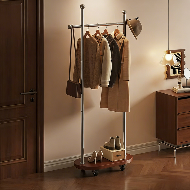 다기능 이동식 스탠드 옷걸이 선반 트레이 일체형 의류 모자 신발 정리 간편 설치, 실버+우드