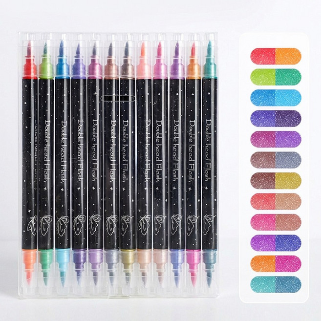 양방향 글리터 듀얼 반짝이 사인펜 마커펜, 12개, 24색