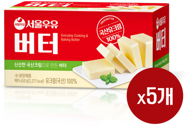 [서울우유] 국산유크림 100% 무염버터 450g(냉장)_치즈왕자, 450g, 5개