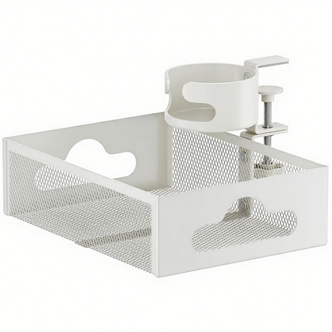 { 2 in 1 360도 회전형} 무타공 멀티탭 거치대 선반 정리함 +책상 컵홀더, 화이트, 1개