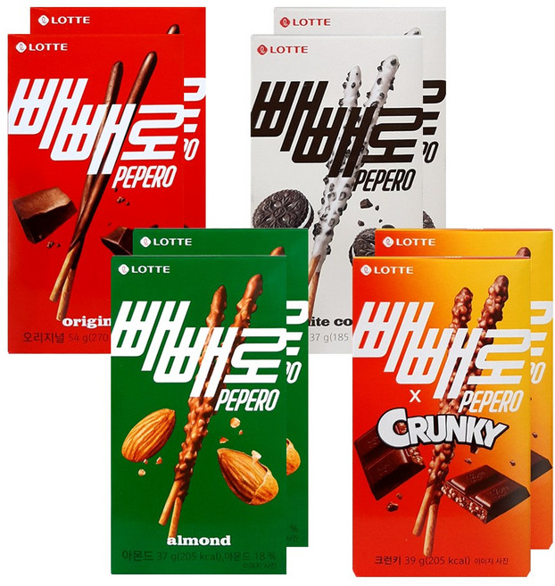 롯데웰푸드 빼빼로 4종 2개씩 (초코 오리지널54g+화이트쿠키37g+아몬드37g+크런키39g), 1개