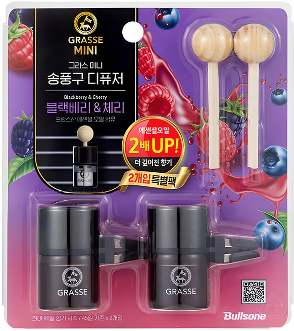 불스원 그라스 미니 송풍구 차량용 디퓨저 10ml, 블랙베리&체리, 2개