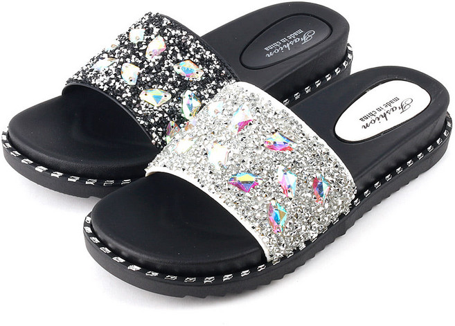 C아몬드 여성 큐빅 슬리퍼 여름 데일리 슈즈 여자 키높이 신발 여름 바캉스 휴가 여행 사무화 유니크