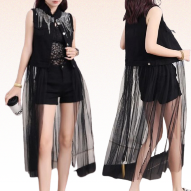 애프터블리 아랑 고고장구 난타 퓨전 조끼 의상 망사 베스트 공연복