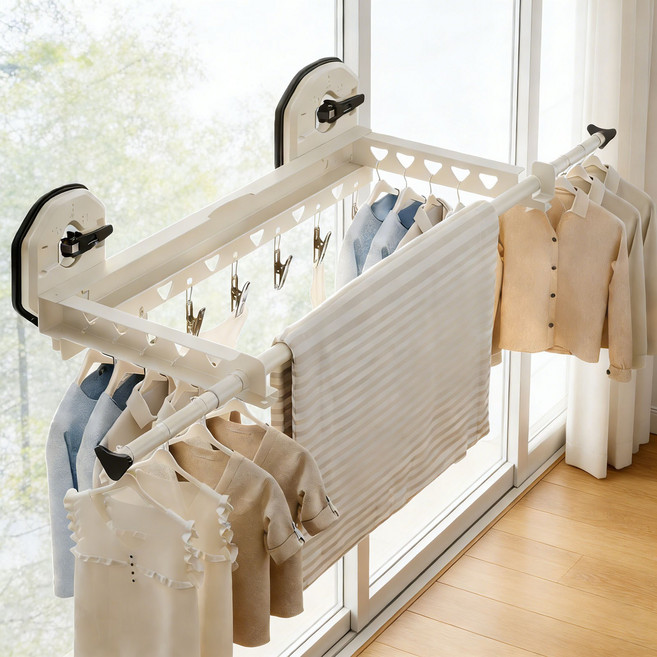 KEMEI 길이조절 무타공 흡착식 창문 빨래건조대, 흰색