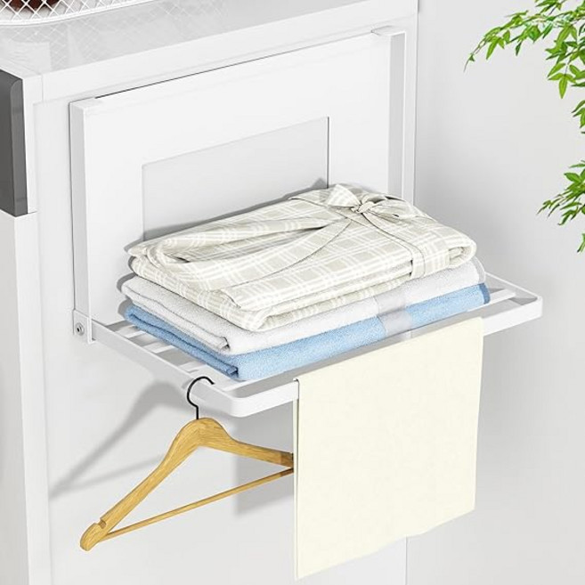 JSUSUJ 세탁기 냉장고 사이드 무타공 접이식 철제 자석 선반, 1개, 하얀색