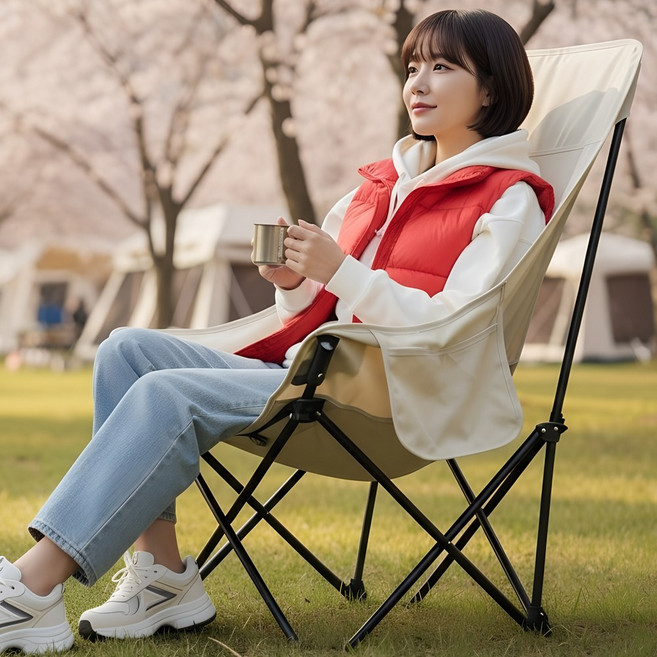 캠프텐버 아웃도어 릴렉스 접이식 캠핑 의자, 1개, 베이지