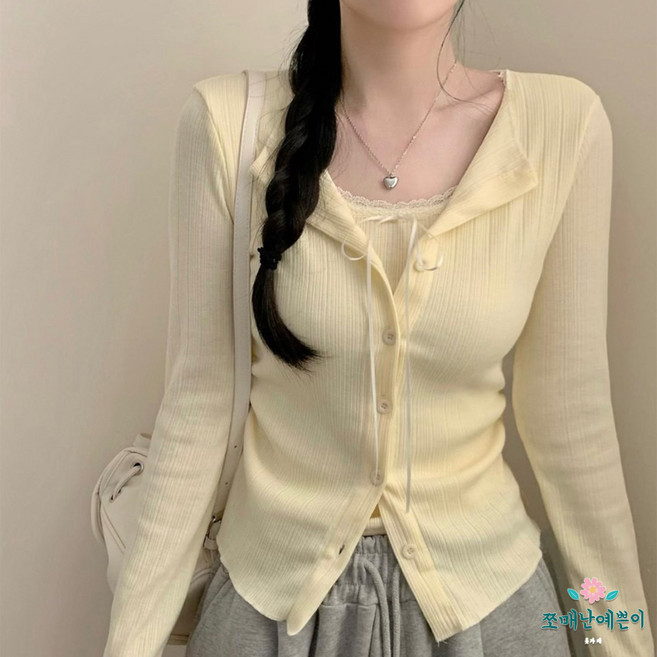 쪼예 레이어드 일체형 레이스 리본 나시 긴팔 가디건 티셔츠