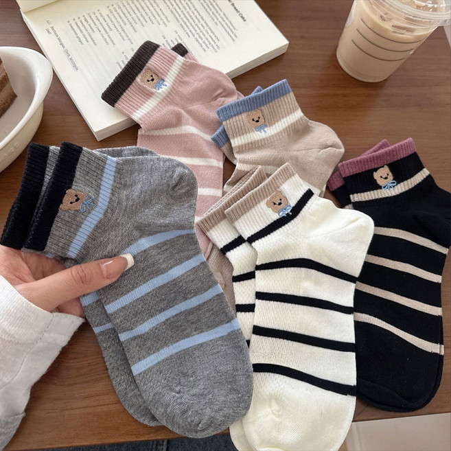 Banjiwu 여성 양말 줄무늬 봄여름 양말 장목 양말 장양말 운동 5족 세트