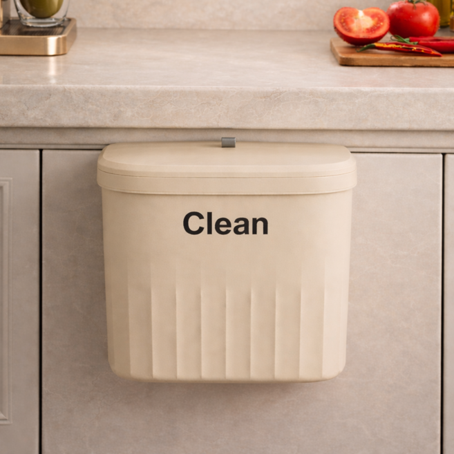 싱크대 걸이형 휴지통 주방 미니 벽걸이 접착식 양방향개폐 미니수납장 수납겸용 전용봉투증정, 버터크림