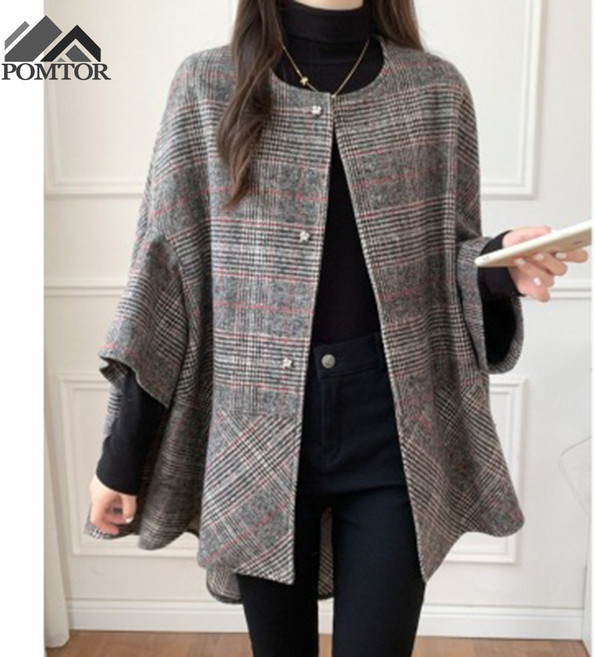 POMTOR 가을 겨울 여성 케이프 코트 체크 미디 카디건 코트