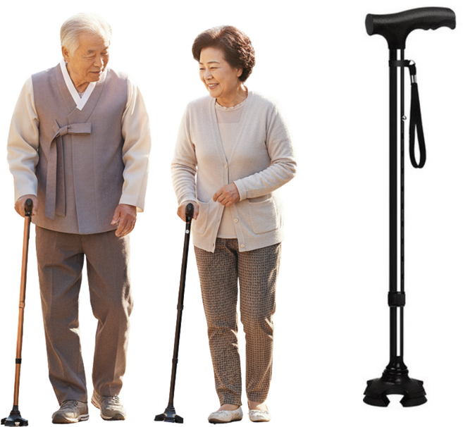 마케즈 초경량 네발 4발 노인 어르신 할머니 할아버지 가벼운 접이식 길이조절 지팡이 + 발 추가증정, 1개, 블랙